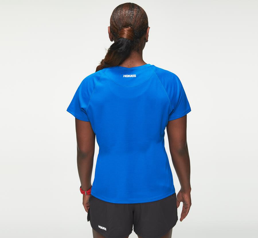 Hoka One One Top Damske Modre - Performance Short Sleeve - 35694-TLYJ